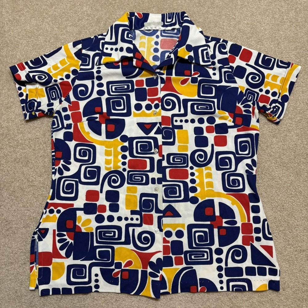 Vtg 70s Disco Shirt Womens Large Multicolor Abstract Handmade Bowling Novelty